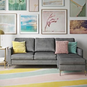 Chapmen Velvet Corner Sofa With Chrome Legs In Grey