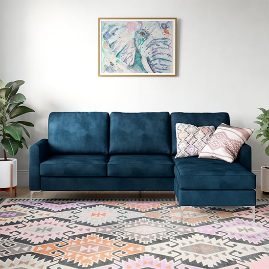 Chapmen Velvet Corner Sofa With Chrome Legs In Blue