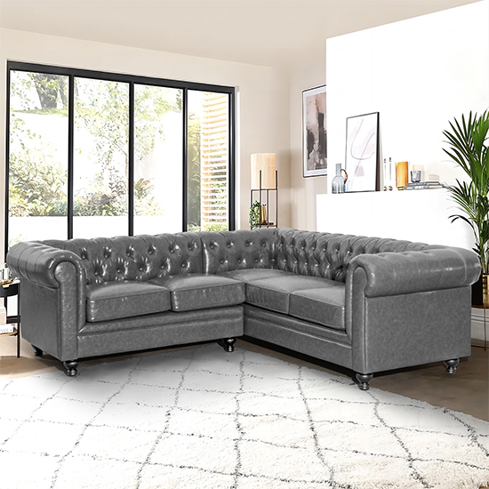 Hertford Chesterfield Faux Leather Corner Sofa In Vintage Grey