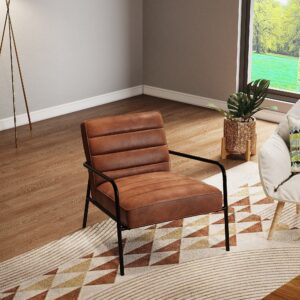 PU Leather Upholstered Accent Chair Metal Based Tan Armchair
